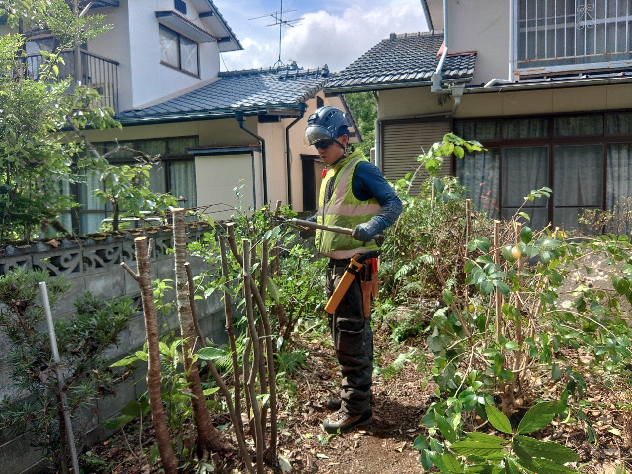 仕上げの切り戻しにかかる田嶋。枯れた箇所は外して全体のバランスを見ながら仕上げます。